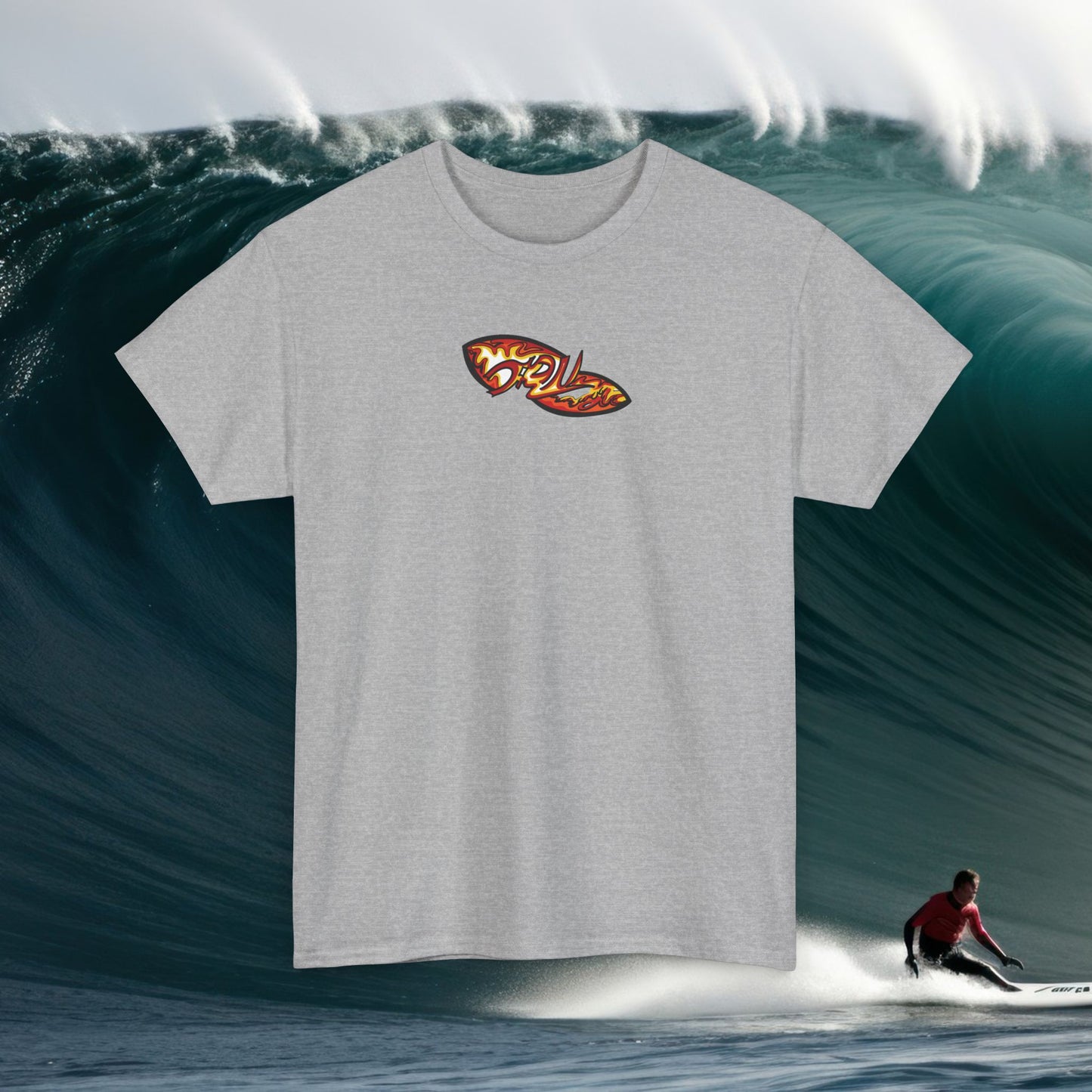 Flame Script Surfboard Tee - Retro Fire Logo T-Shirt