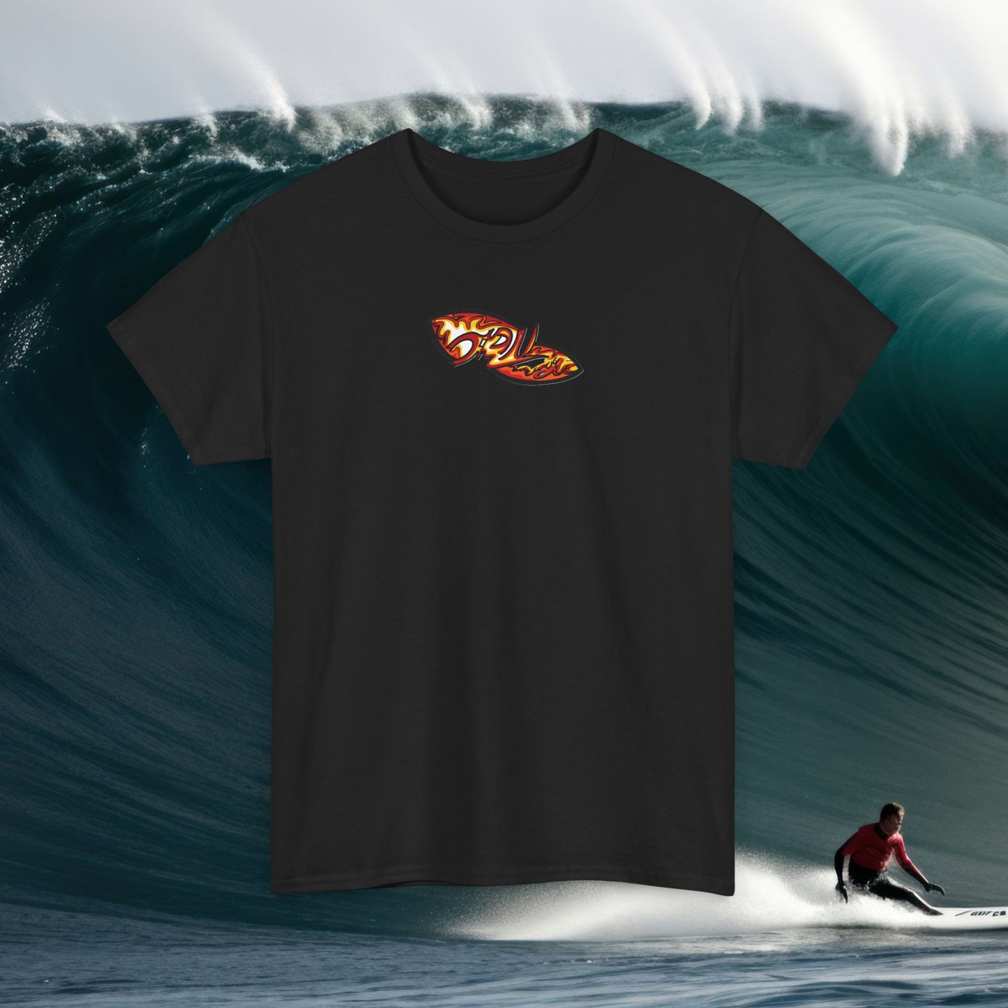 Flame Script Surfboard Tee - Retro Fire Logo T-Shirt