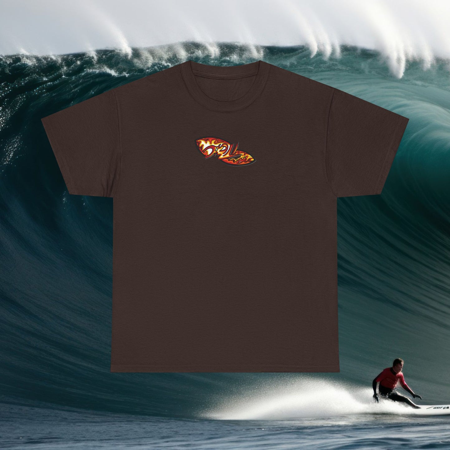 Flame Script Surfboard Tee - Retro Fire Logo T-Shirt