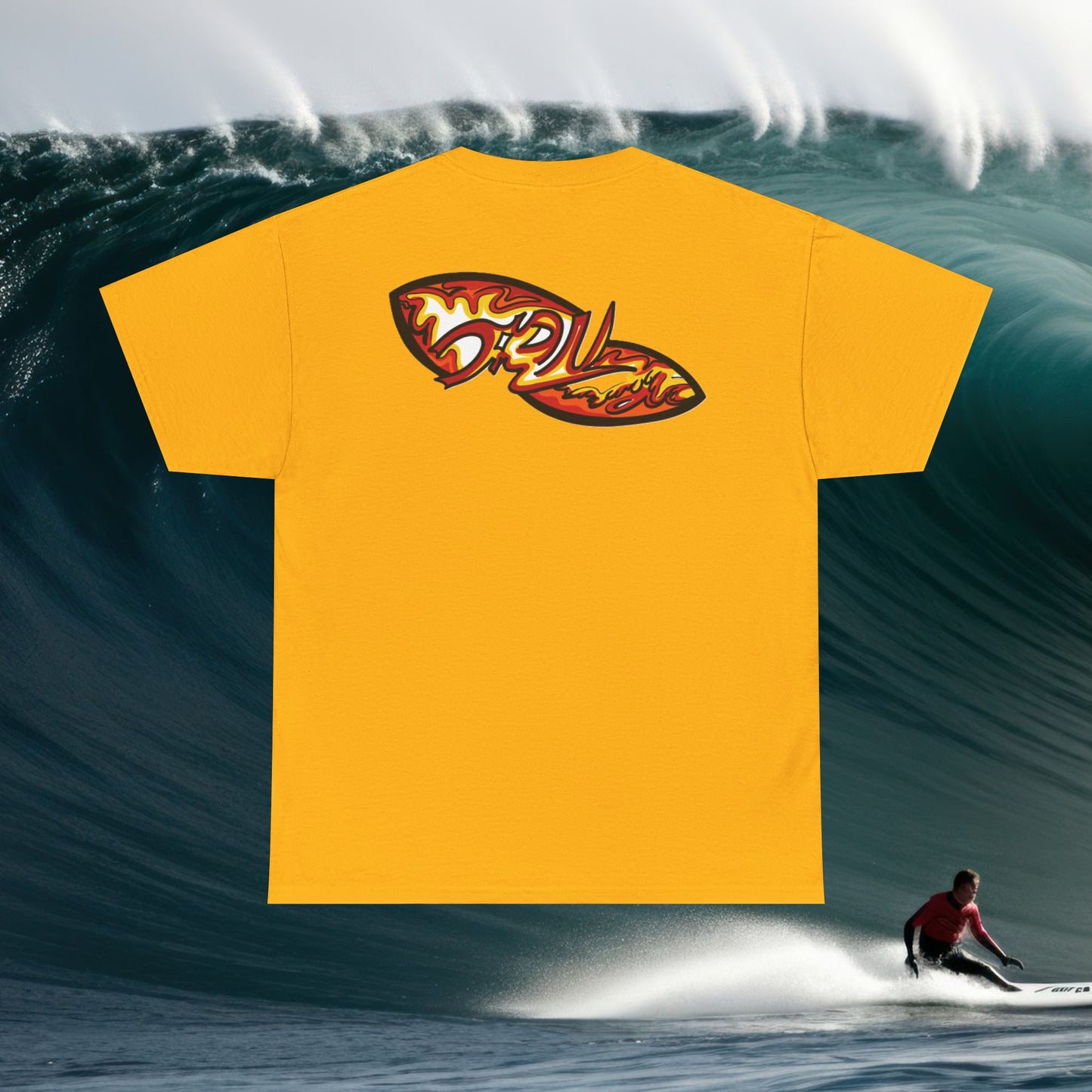 Flame Script Surfboard Tee - Retro Fire Logo T-Shirt