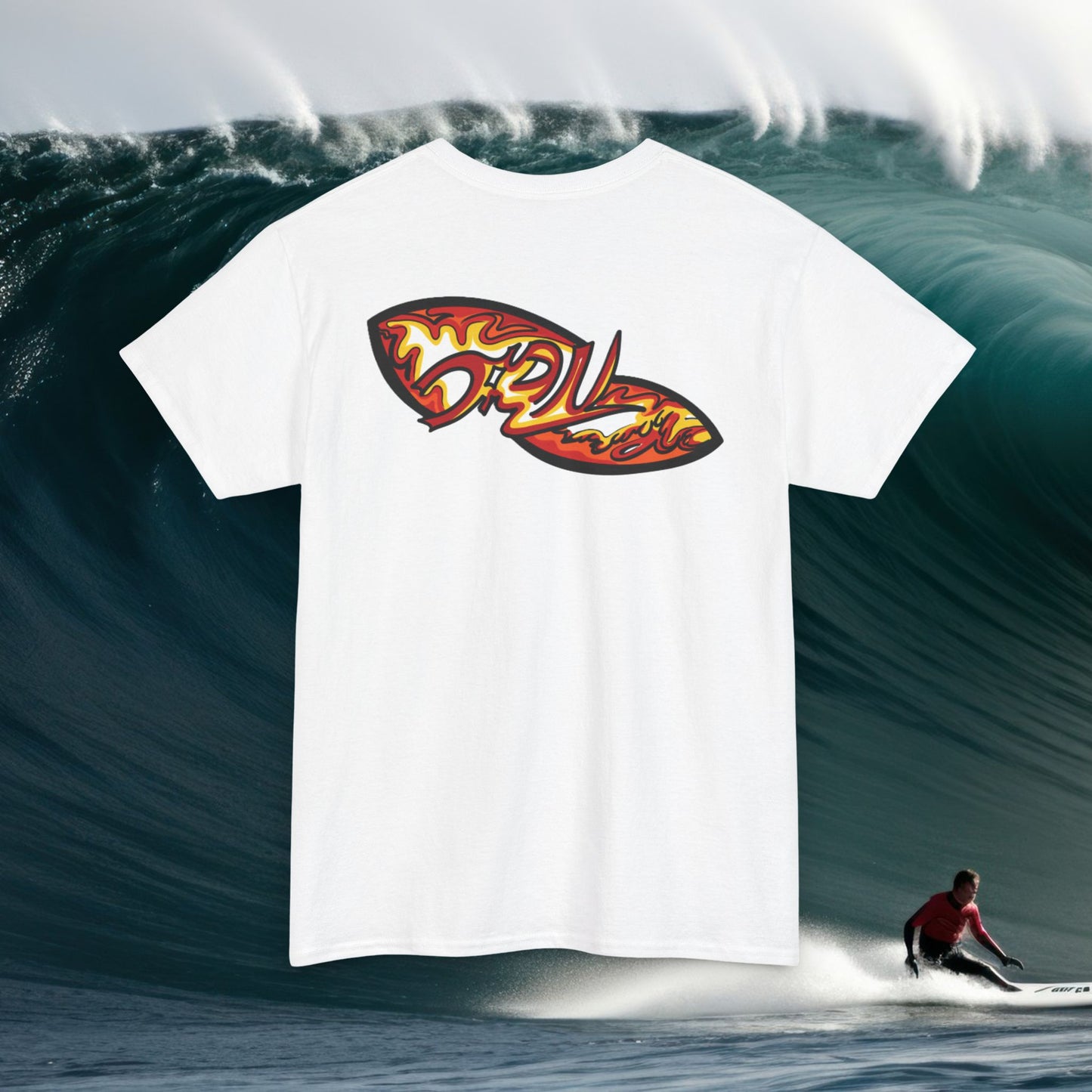 Flame Script Surfboard Tee - Retro Fire Logo T-Shirt