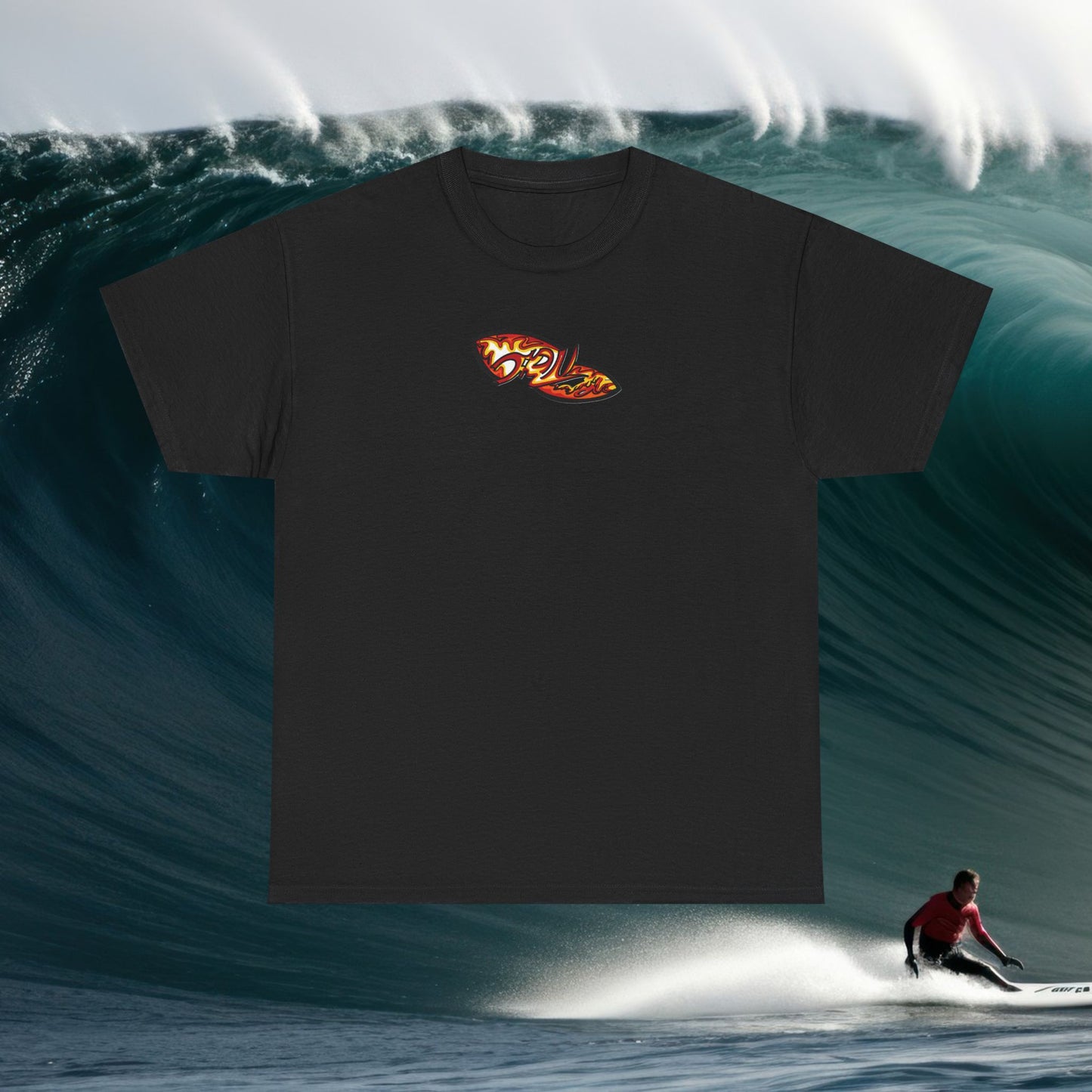 Flame Script Surfboard Tee - Retro Fire Logo T-Shirt