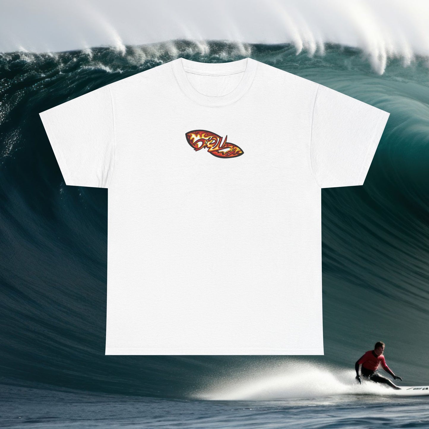 Flame Script Surfboard Tee - Retro Fire Logo T-Shirt