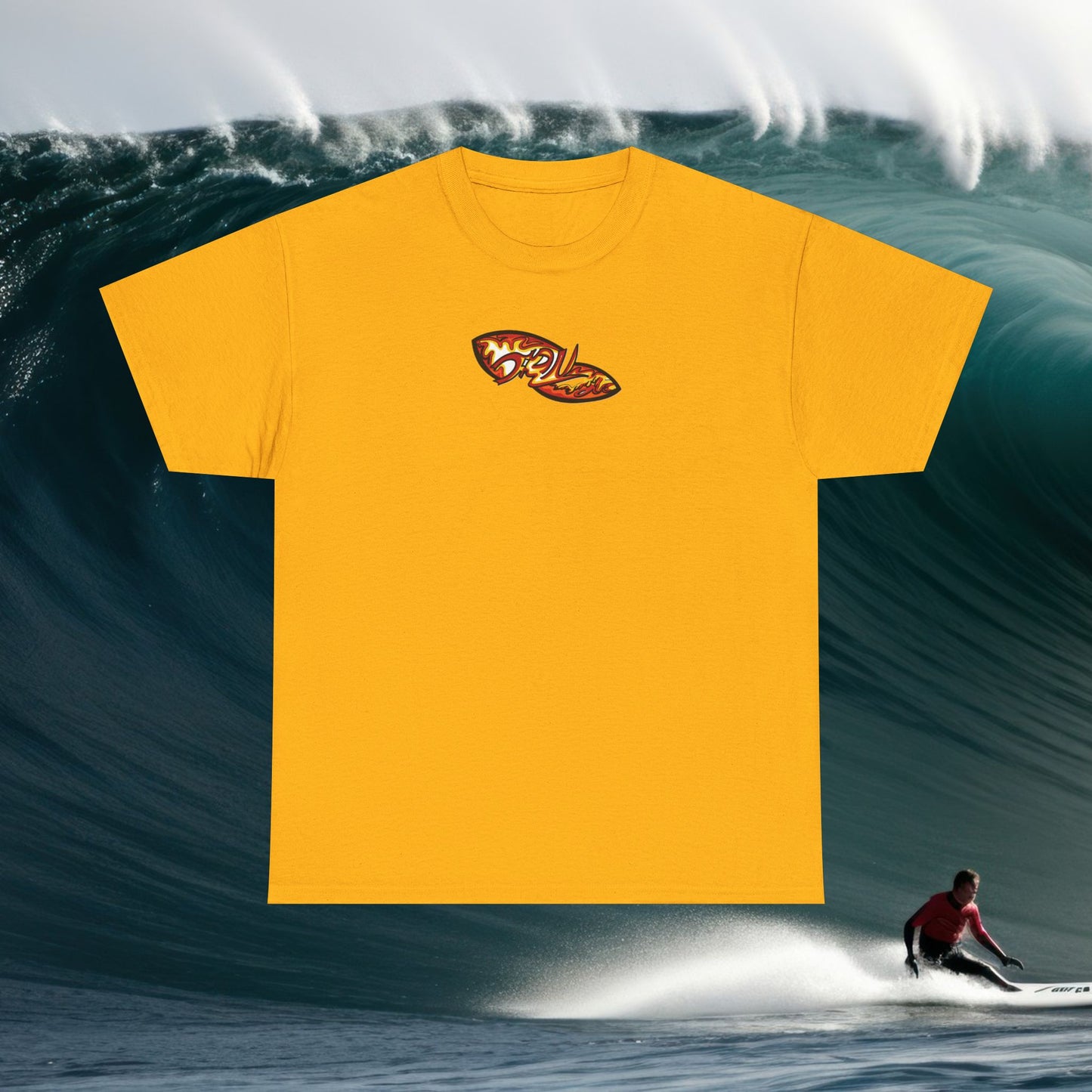 Flame Script Surfboard Tee - Retro Fire Logo T-Shirt