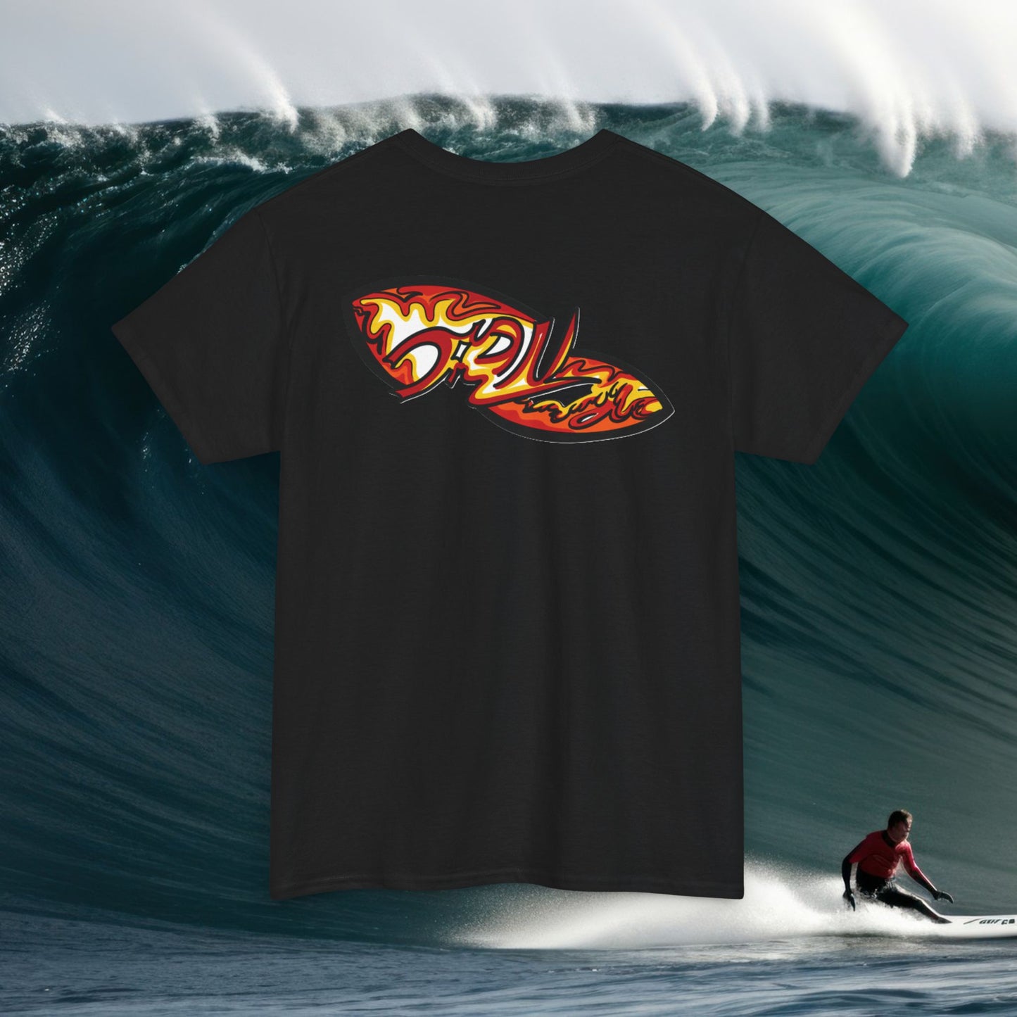 Flame Script Surfboard Tee - Retro Fire Logo T-Shirt