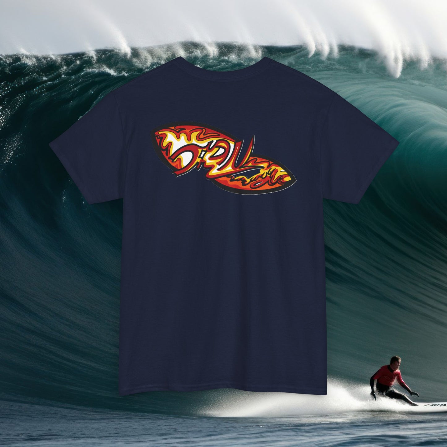 Flame Script Surfboard Tee - Retro Fire Logo T-Shirt