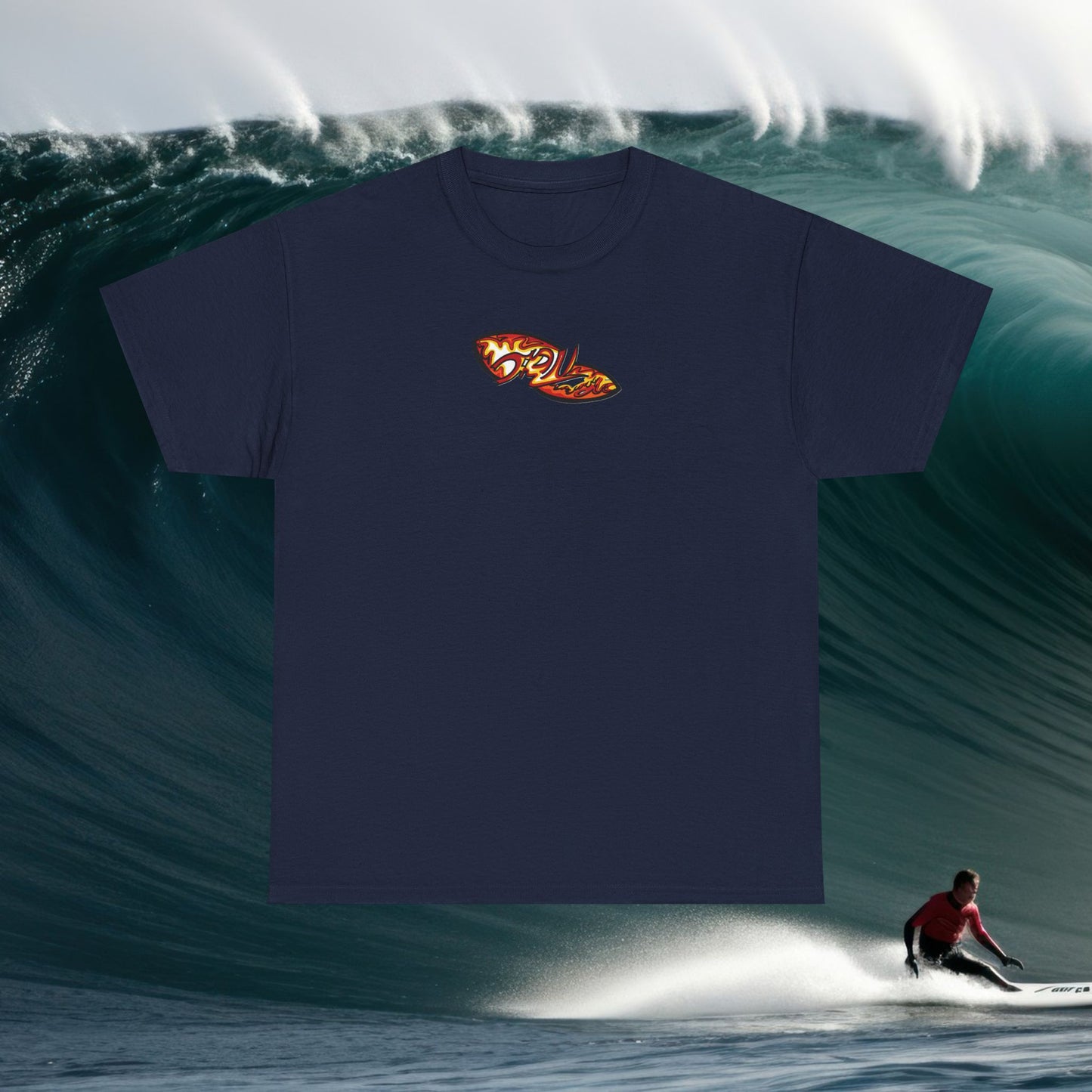 Flame Script Surfboard Tee - Retro Fire Logo T-Shirt