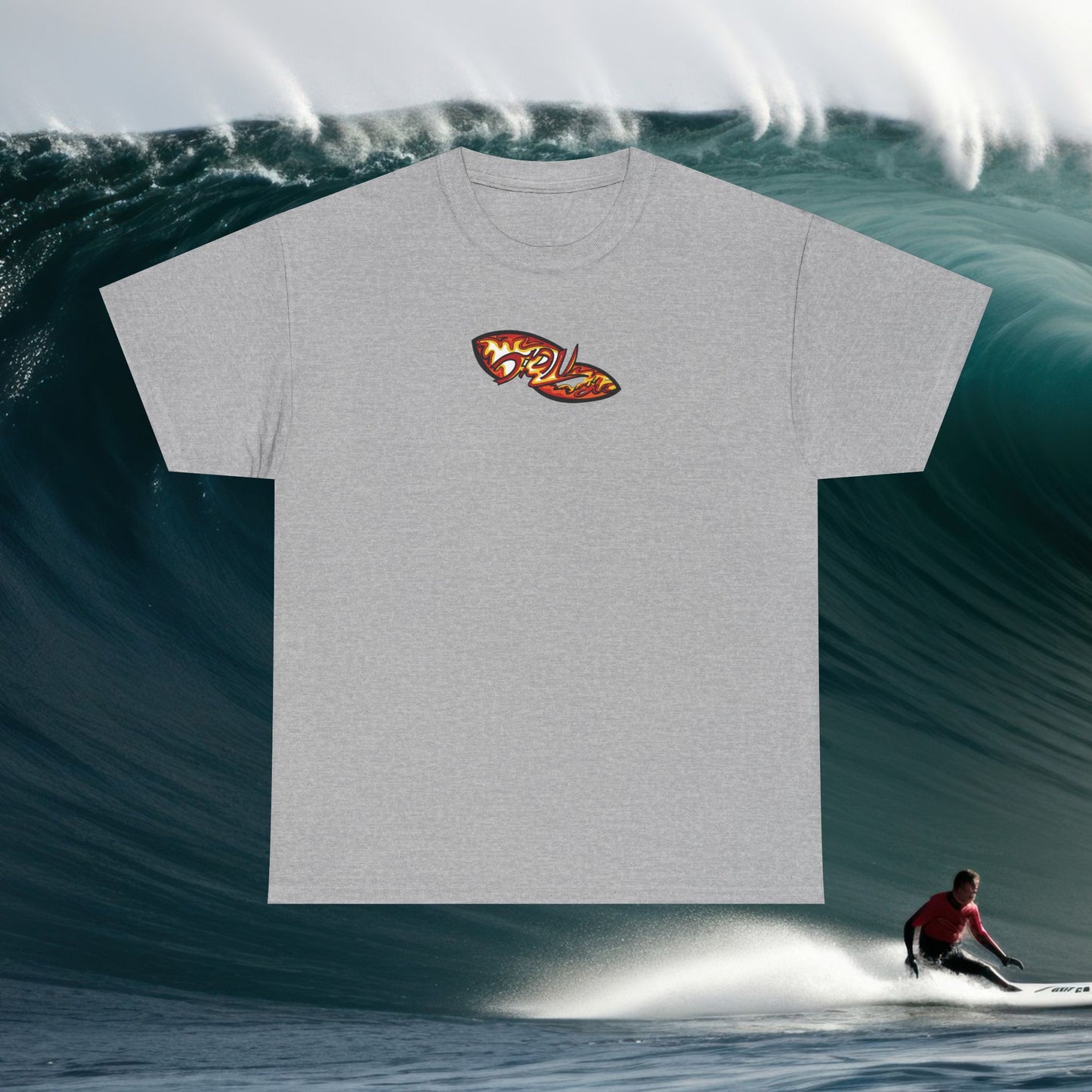 Flame Script Surfboard Tee - Retro Fire Logo T-Shirt