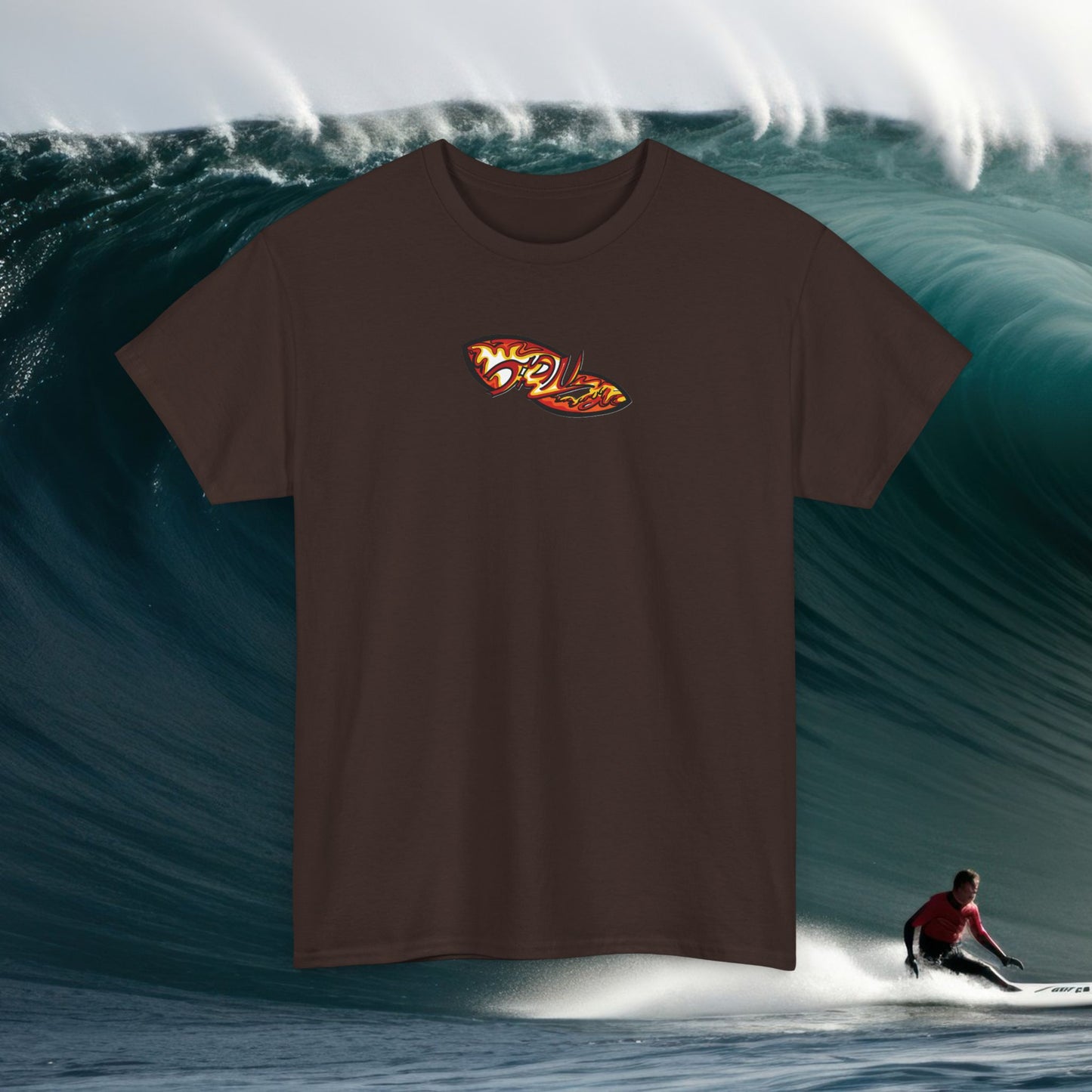 Flame Script Surfboard Tee - Retro Fire Logo T-Shirt
