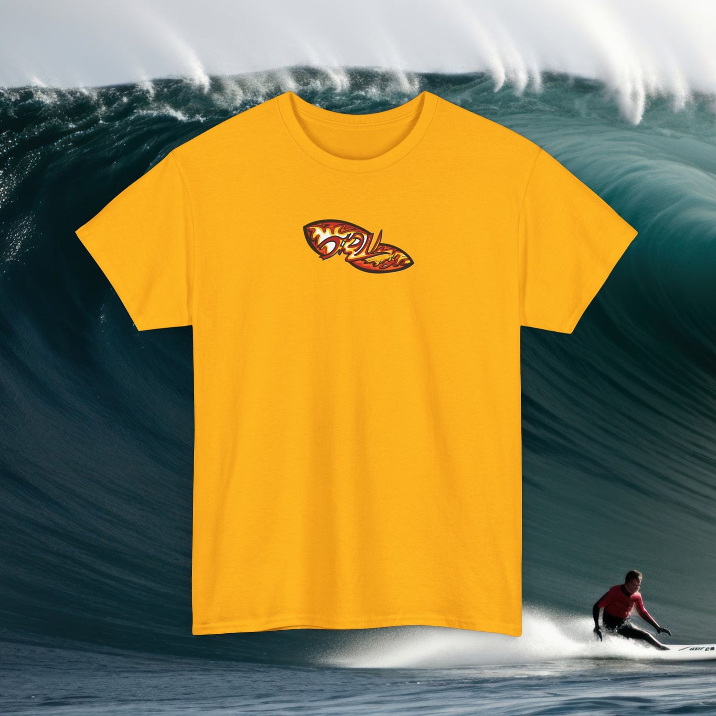 Flame Script Surfboard Tee - Retro Fire Logo T-Shirt