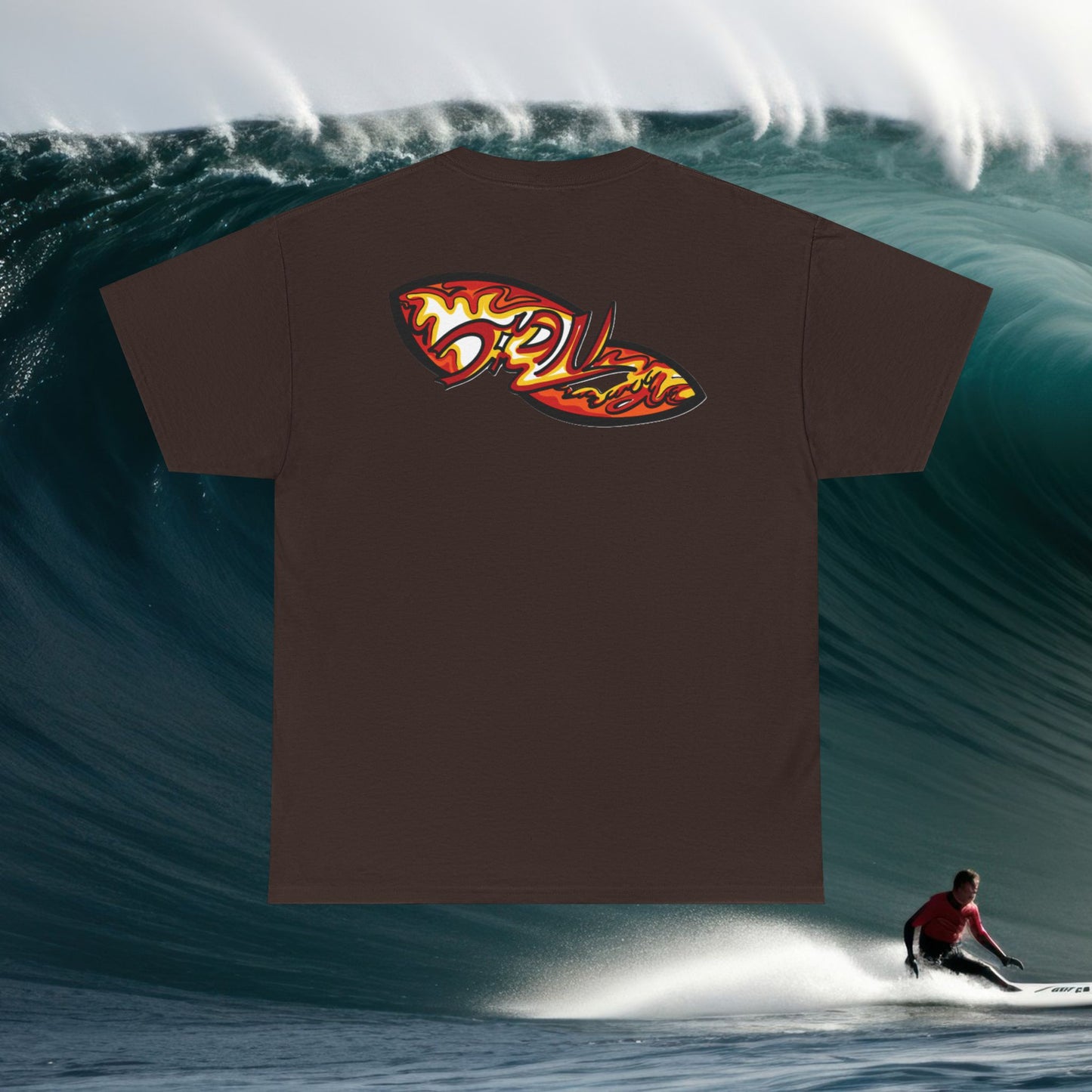 Flame Script Surfboard Tee - Retro Fire Logo T-Shirt