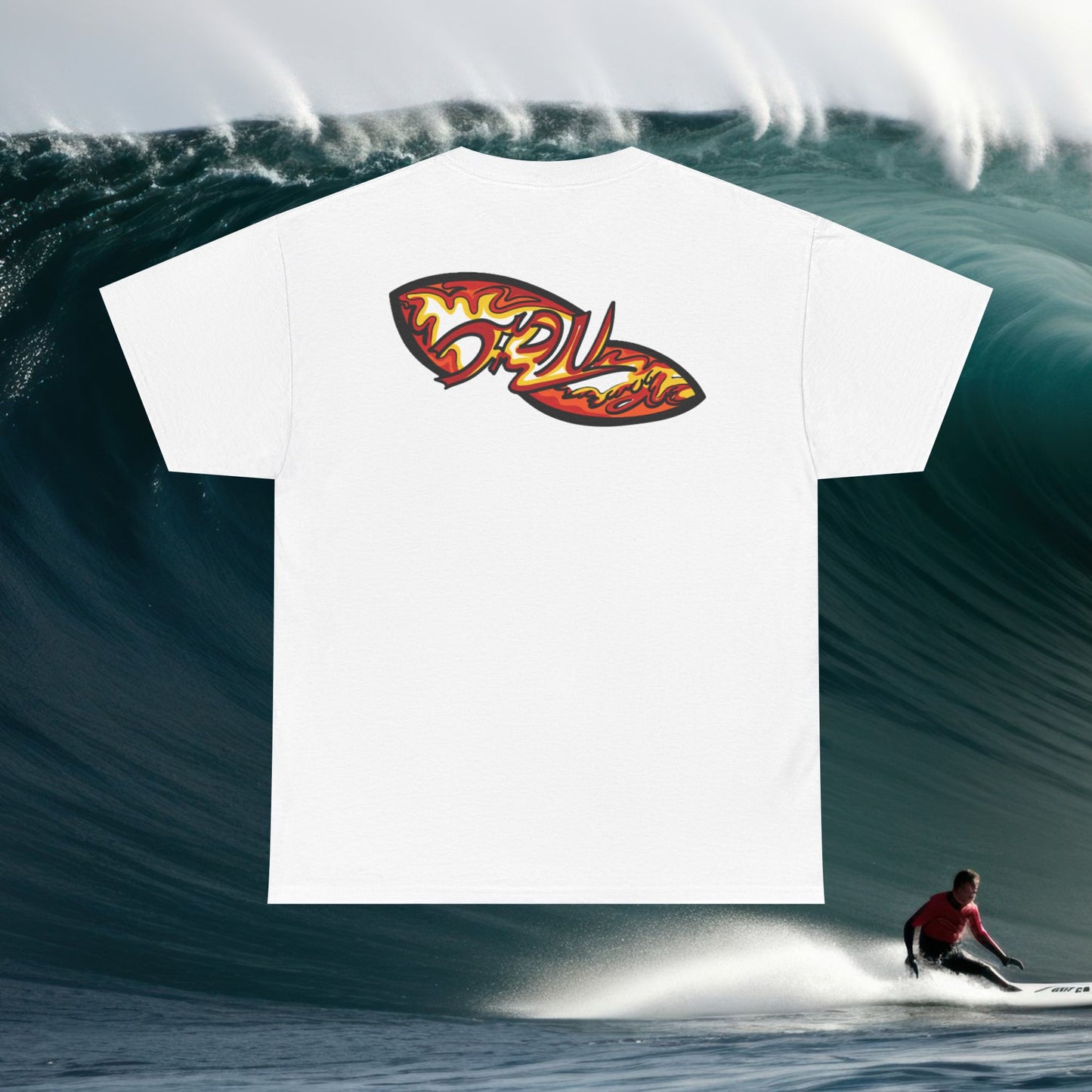 Flame Script Surfboard Tee - Retro Fire Logo T-Shirt