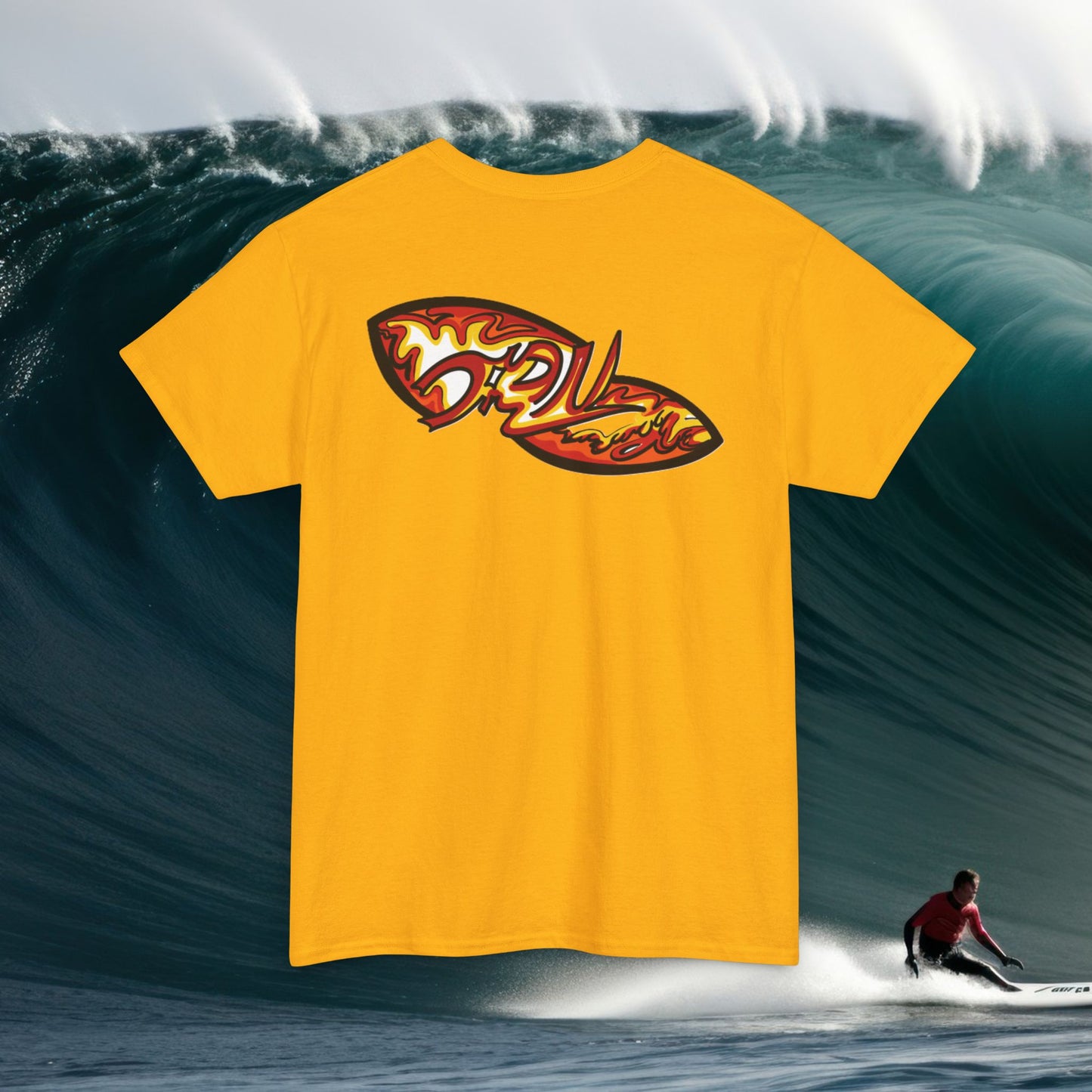 Flame Script Surfboard Tee - Retro Fire Logo T-Shirt