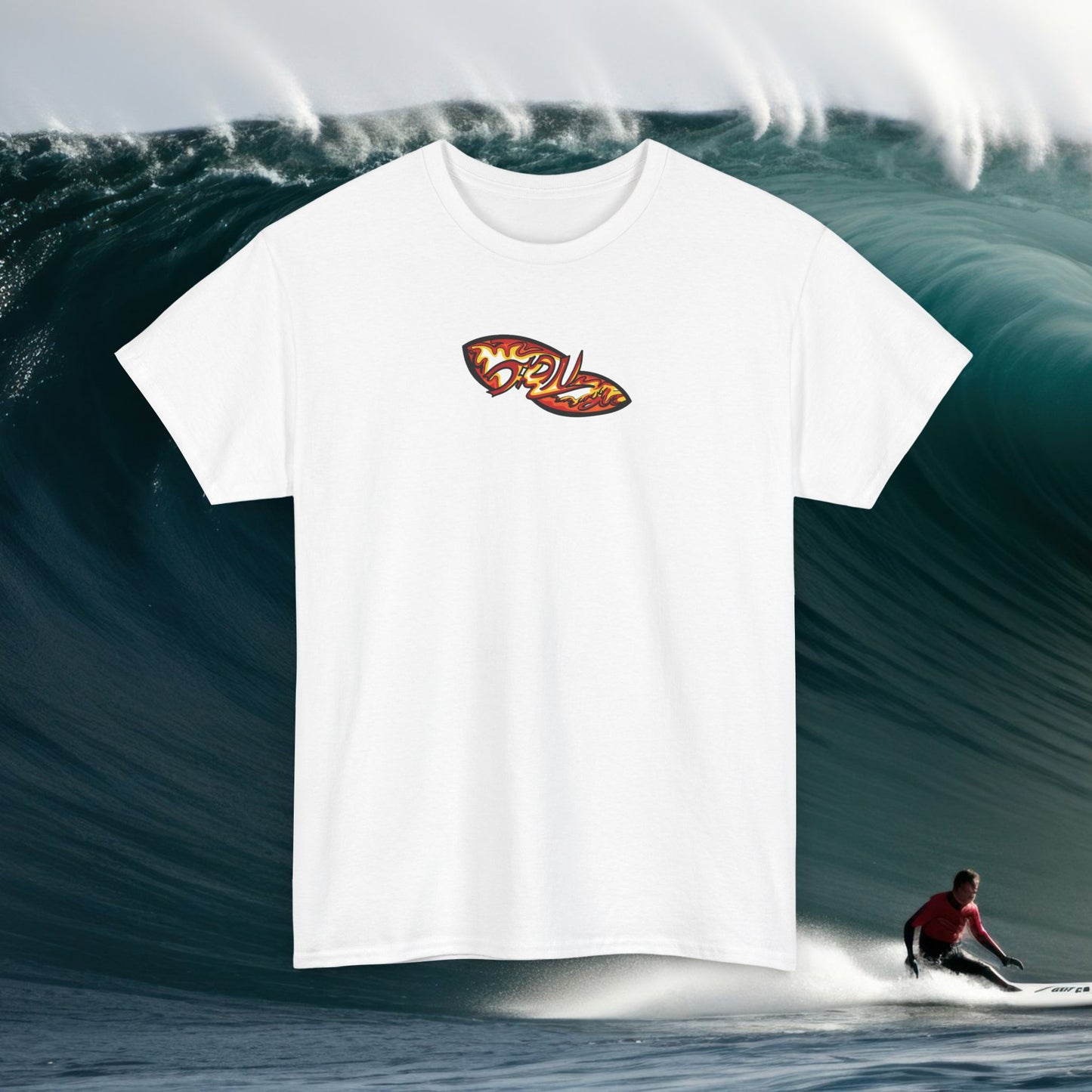 Flame Script Surfboard Tee - Retro Fire Logo T-Shirt
