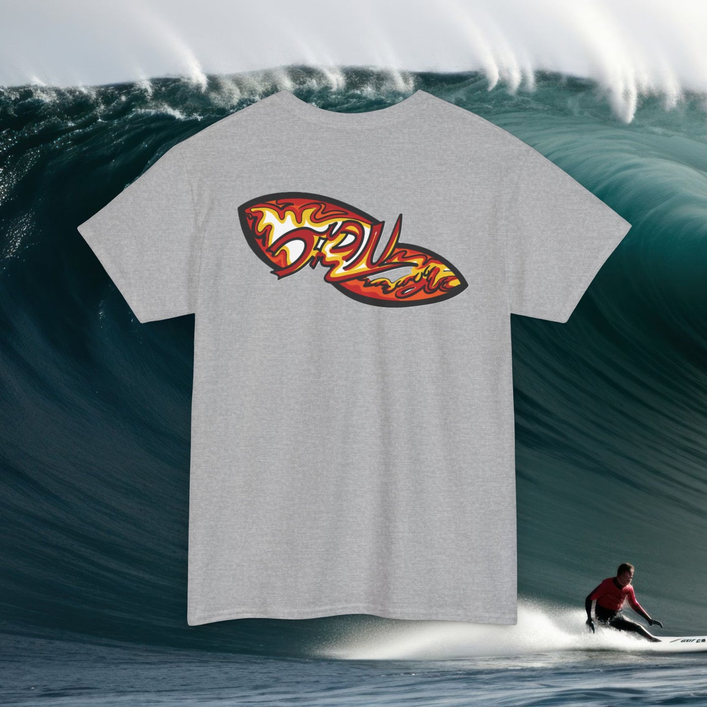 Flame Script Surfboard Tee - Retro Fire Logo T-Shirt