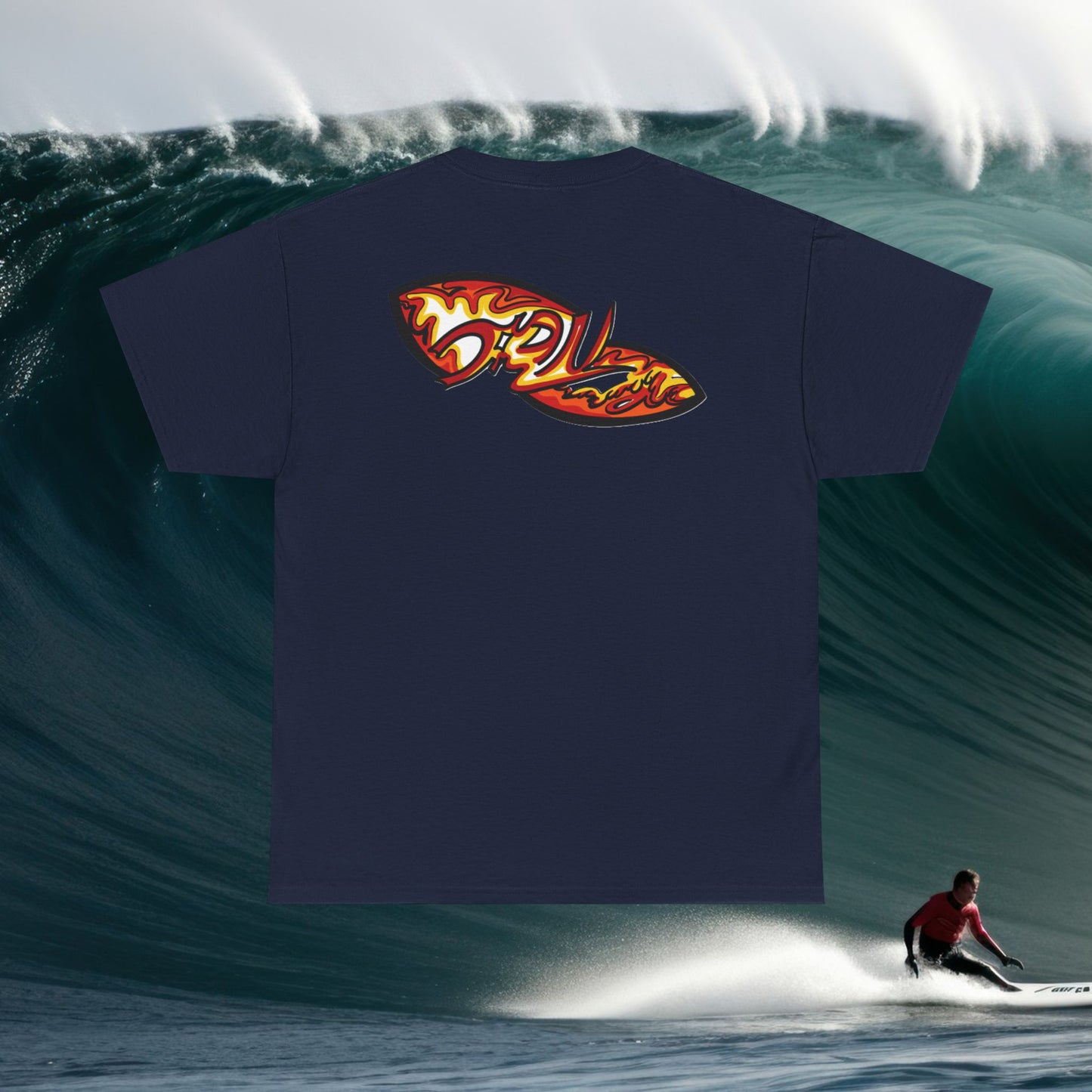 Flame Script Surfboard Tee - Retro Fire Logo T-Shirt