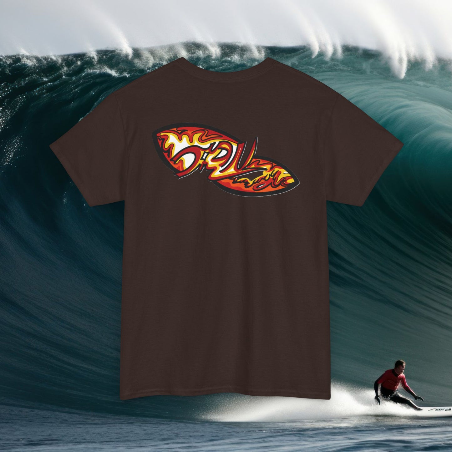 Flame Script Surfboard Tee - Retro Fire Logo T-Shirt