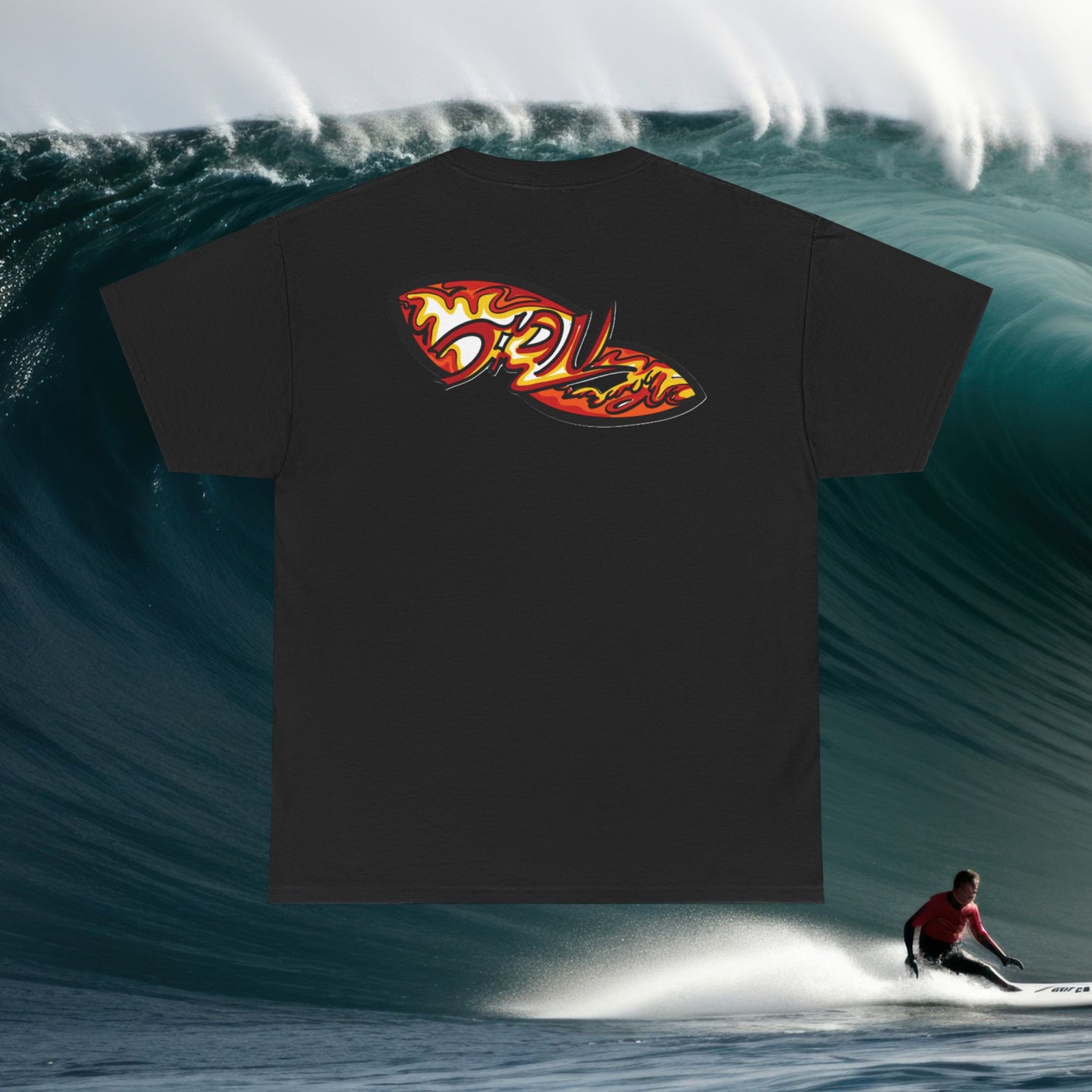 Flame Script Surfboard Tee - Retro Fire Logo T-Shirt